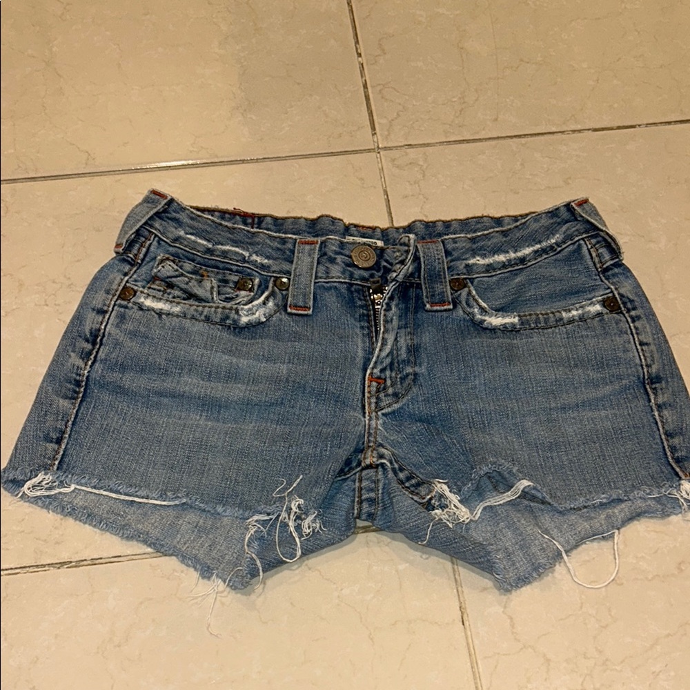True Religion Blue Jean Shorts with Distressed Hem
